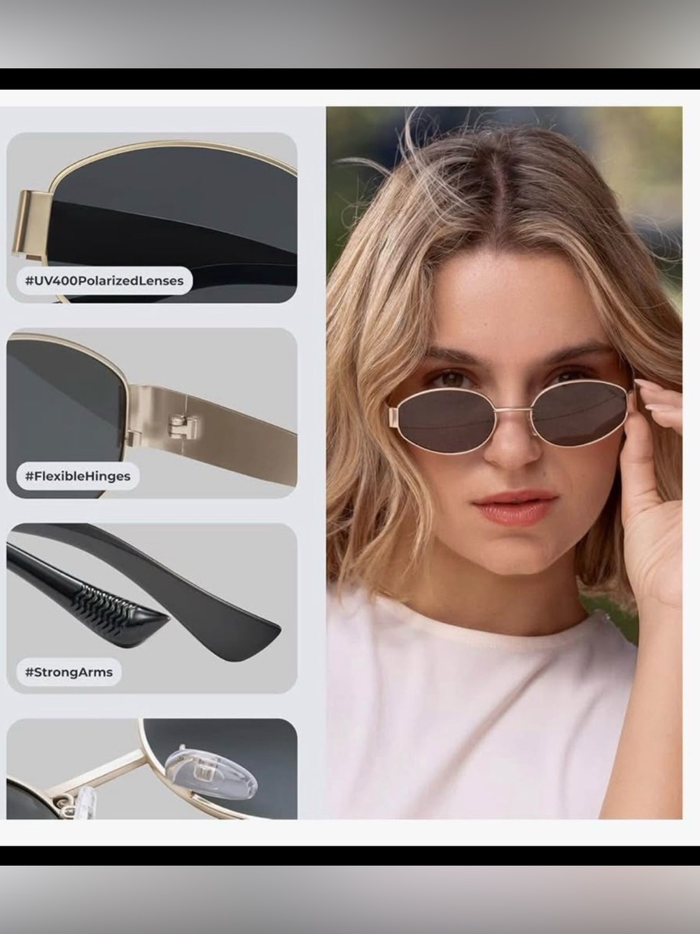 Gold Frame Black Lens Oval Sunglasses